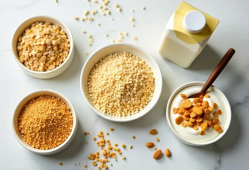 A variety of gluten-free grains and dairy-free milk alternatives.