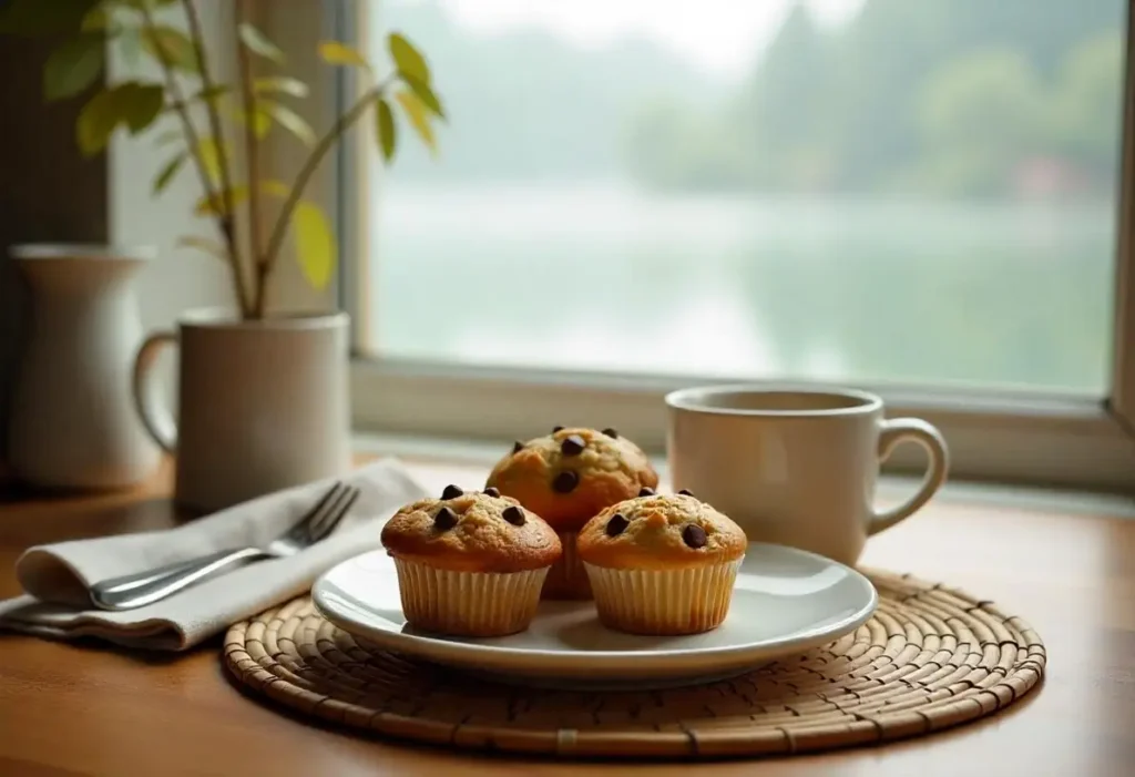 A plate of gluten-free chocolate chip muffins served with a cup of coffee on a cozy morning table.