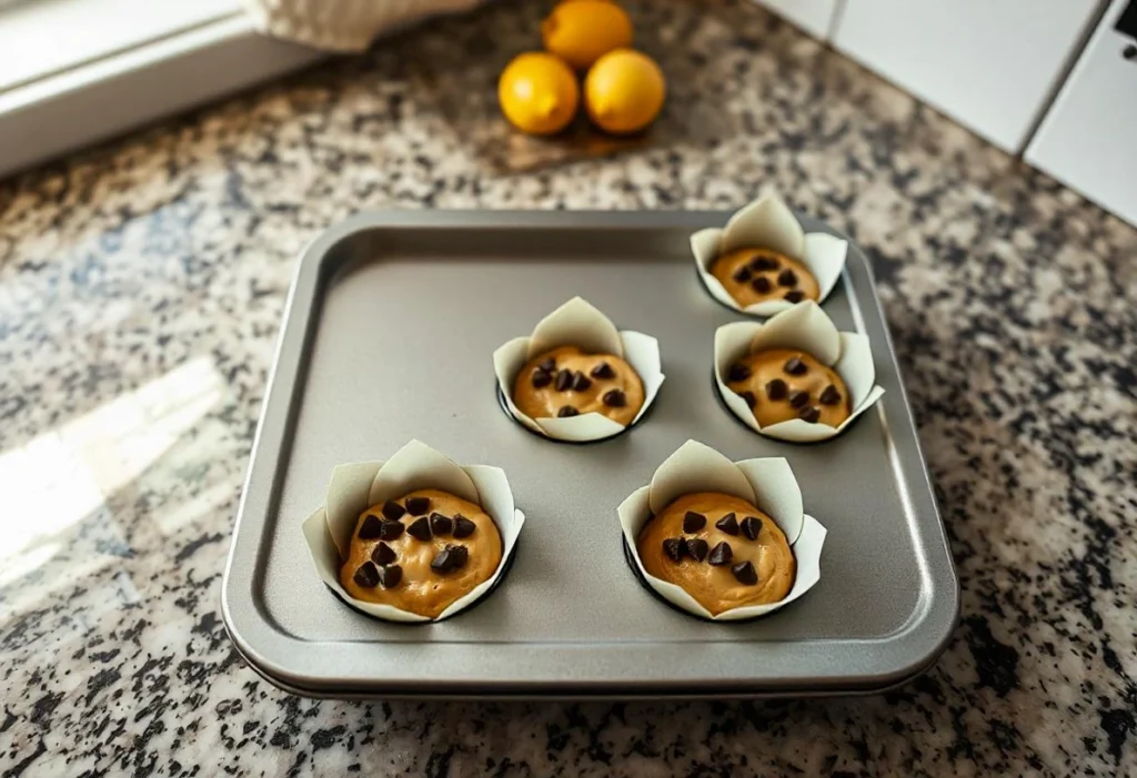 A baking tray filled with gluten-free chocolate chip muffin batter in muffin liners, ready to bake.