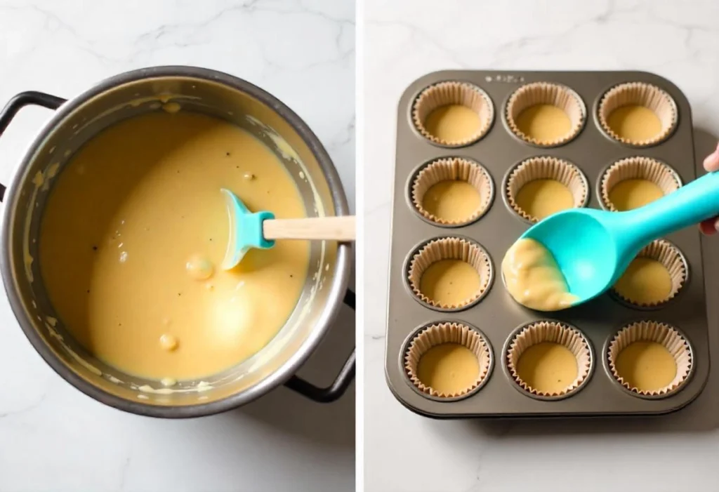 A step-by-step visual guide for making gluten-free chocolate chip muffins with simple icons.