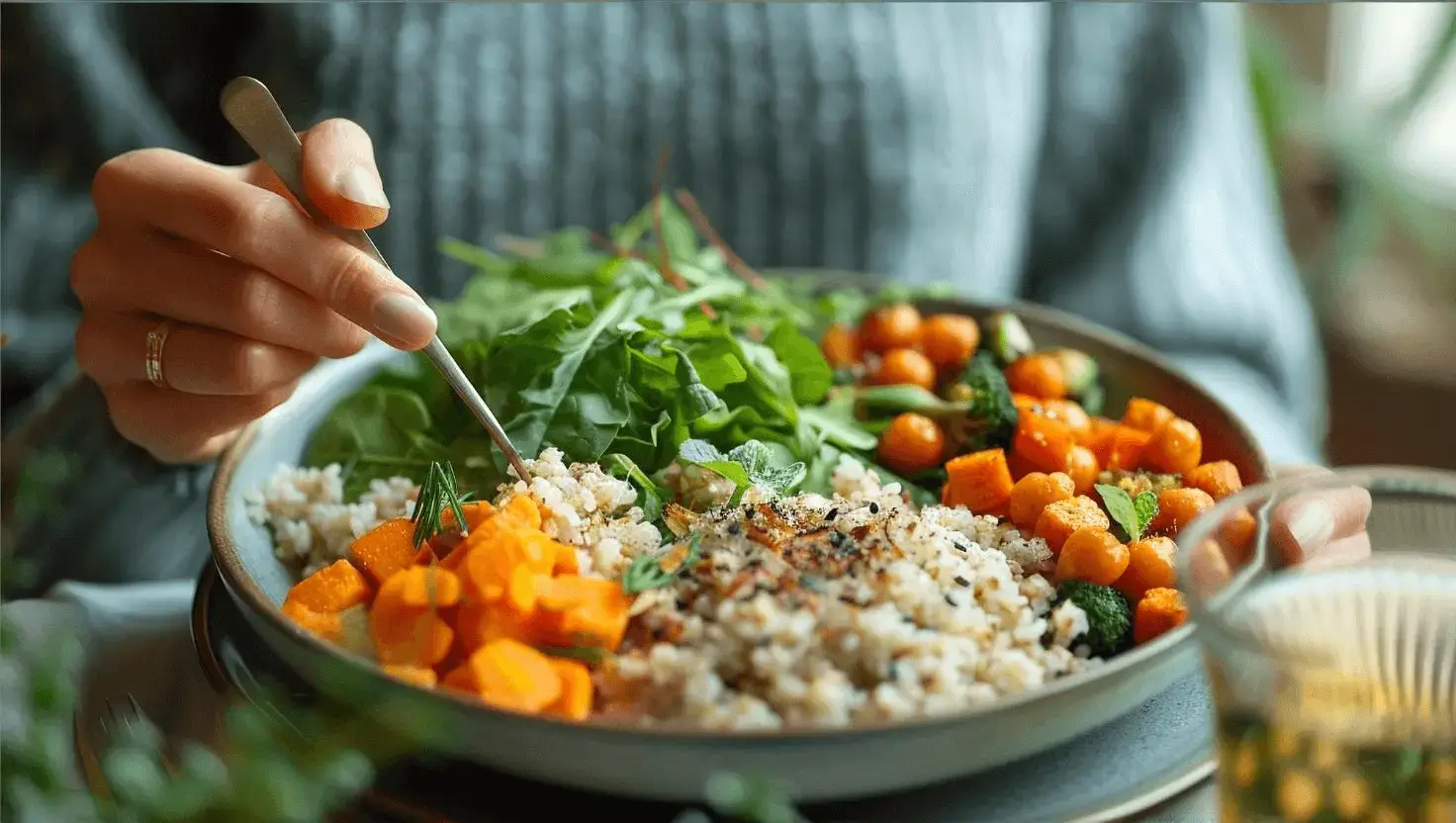 A colorful, nutrient-rich gluten-free vegan meal featuring quinoa, roasted vegetables, and avocado.