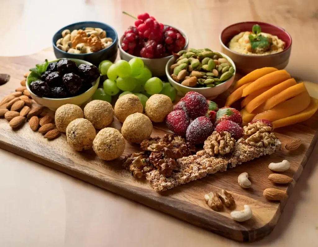 A selection of gluten-free vegan snacks, including energy balls, granola bars, and fresh fruit.