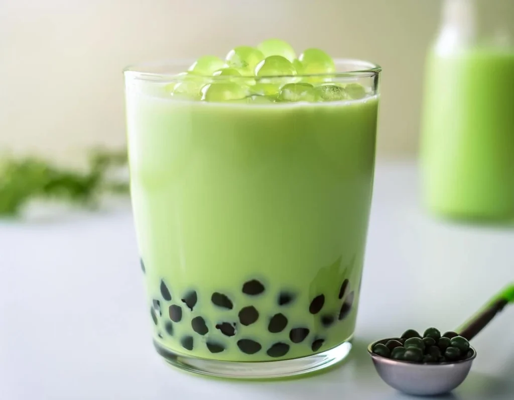 A close-up of green milk tea with boba pearls at the bottom.