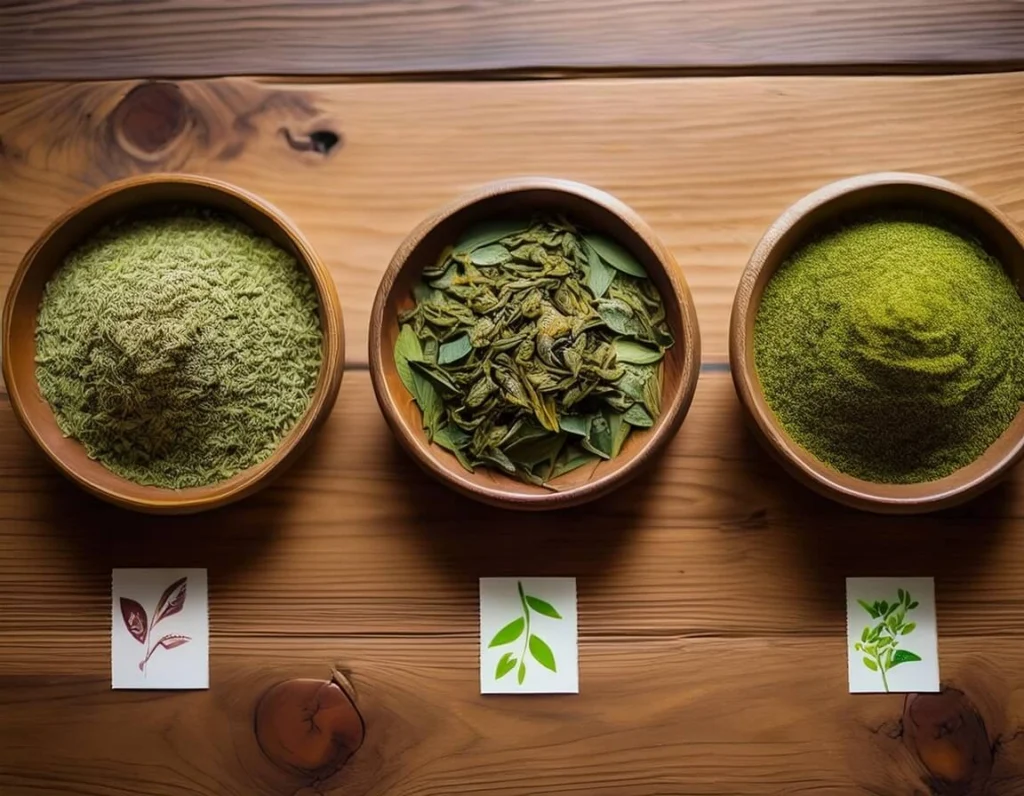 Different types of green tea leaves, including jasmine, matcha, and sencha.