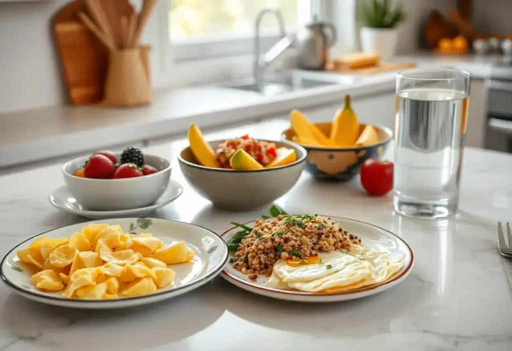 A healthy low histamine breakfast spread with eggs, fruits, and grains.