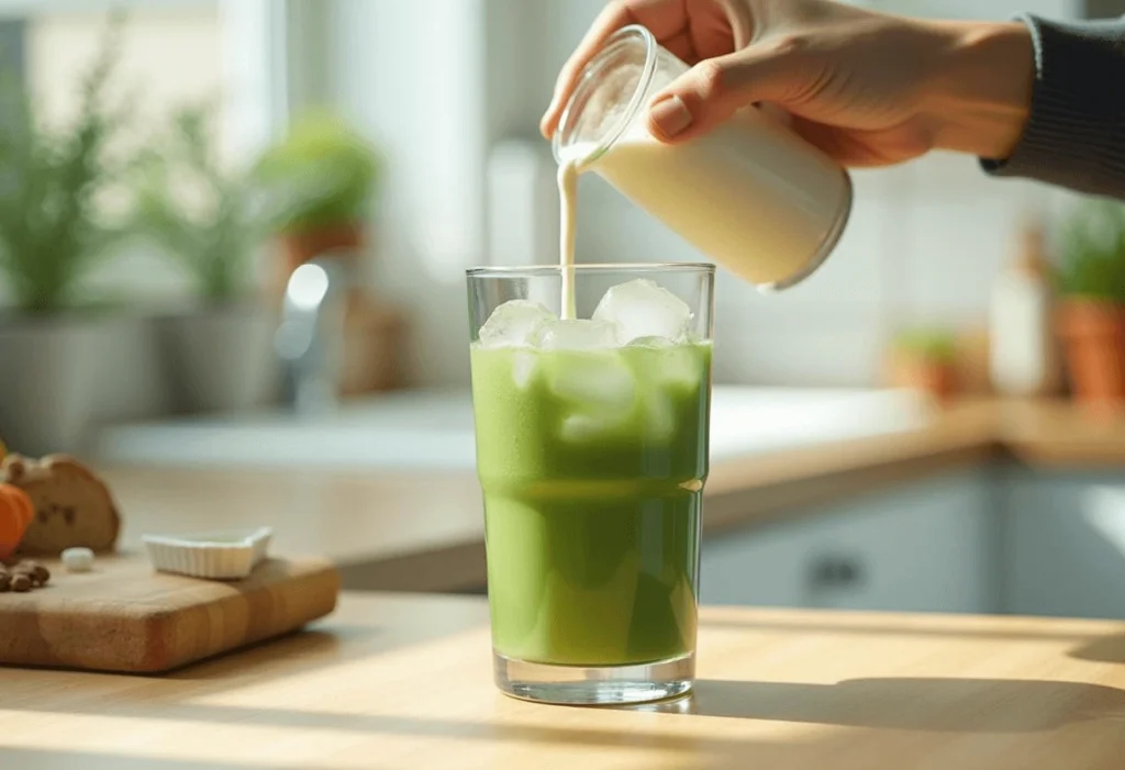 Step-by-step images of making green milk tea at home.