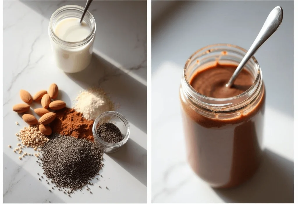 Step-by-step preparation of chocolate chia seed pudding in a glass jar.