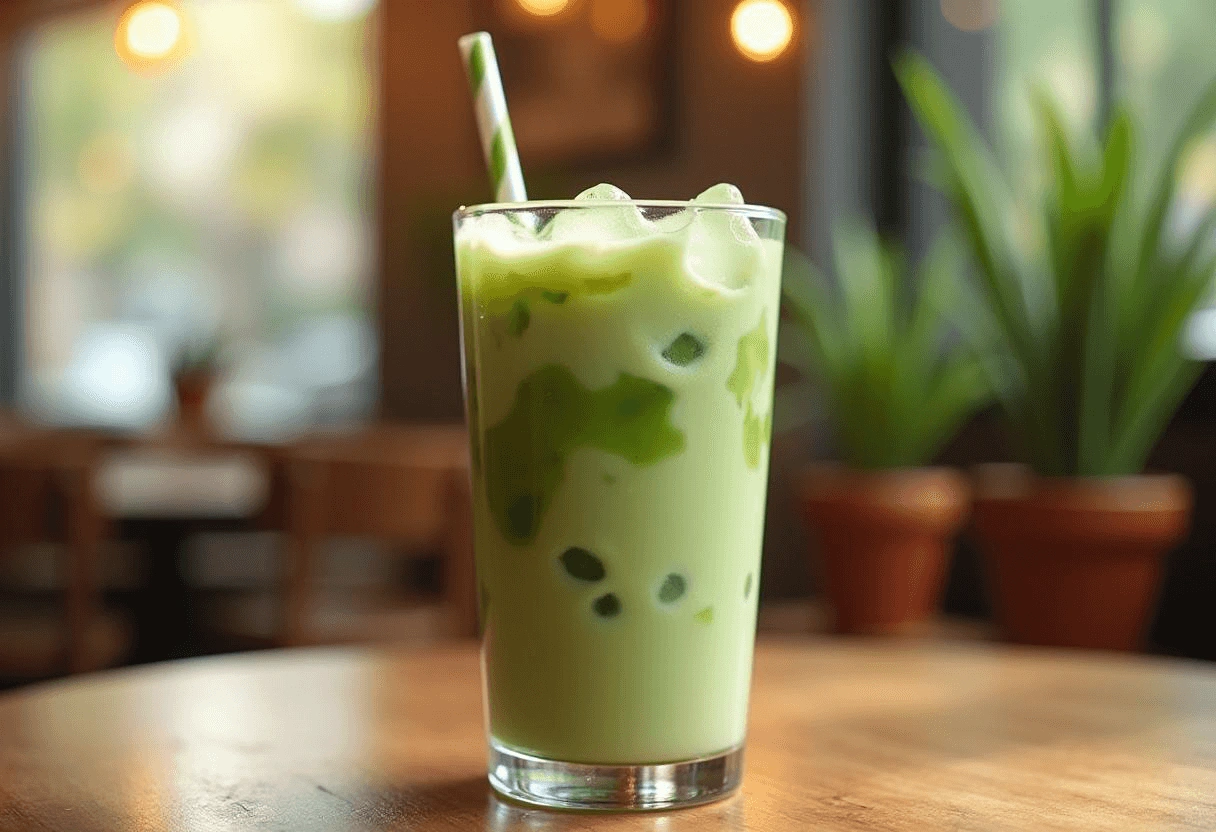 A creamy, iced green milk tea in a tall glass with a café background.