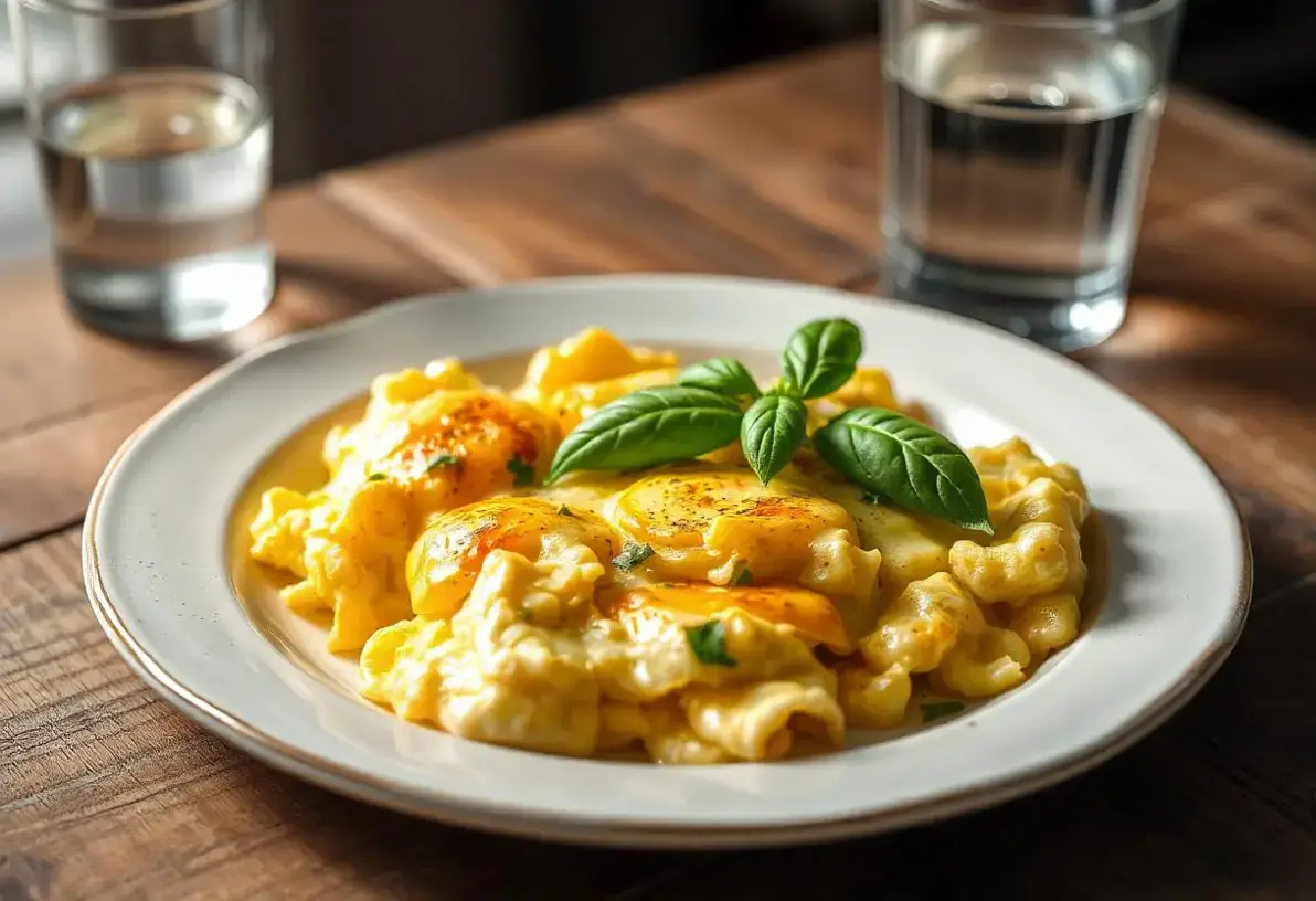 A plate of fluffy scrambled eggs with fresh herbs on a rustic wooden table.