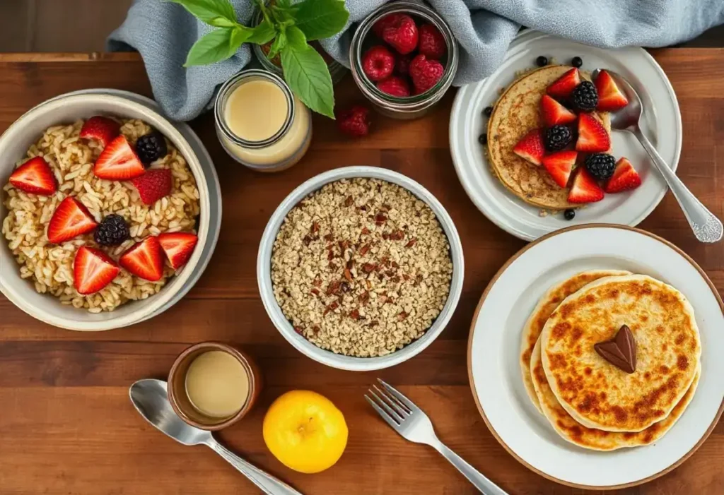 A variety of low-histamine grain-based breakfasts including brown rice, quinoa porridge, and millet pancakes.