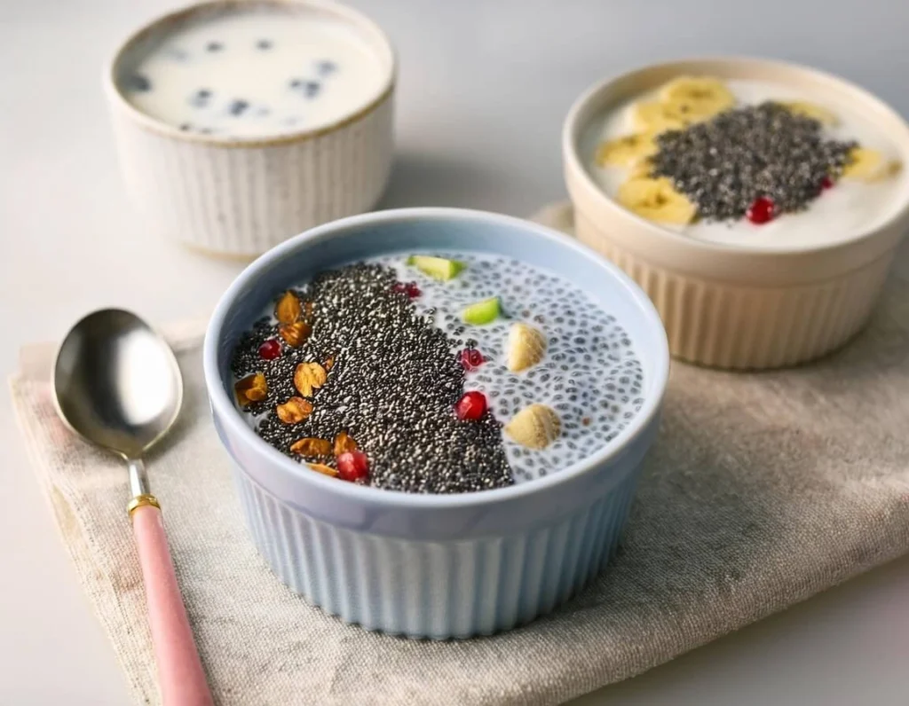 A step-by-step visual guide showing the transformation of dry seeds into a smooth, thick pudding.