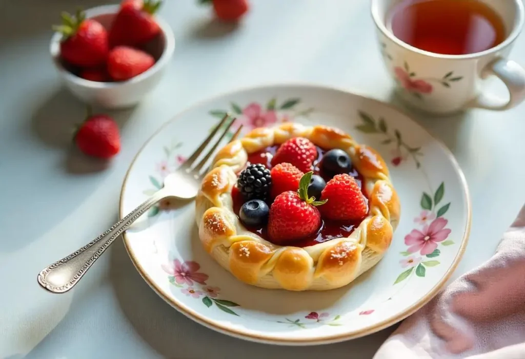 Elegant puff pastry dessert served on a ceramic plate with coffee.