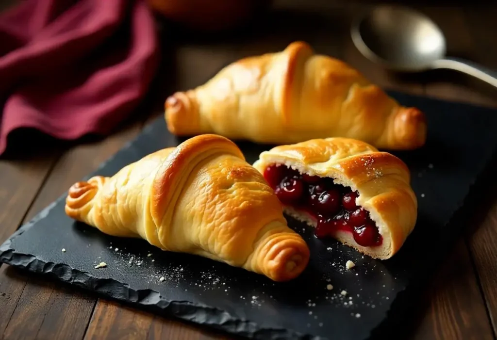 Top-down view of freshly baked fruit-filled puff pastry turnovers.