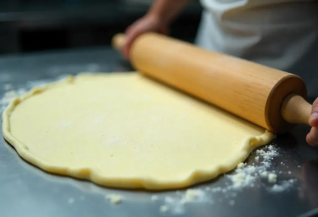 Close-up of raw puff pastry sheets on a floured surface.