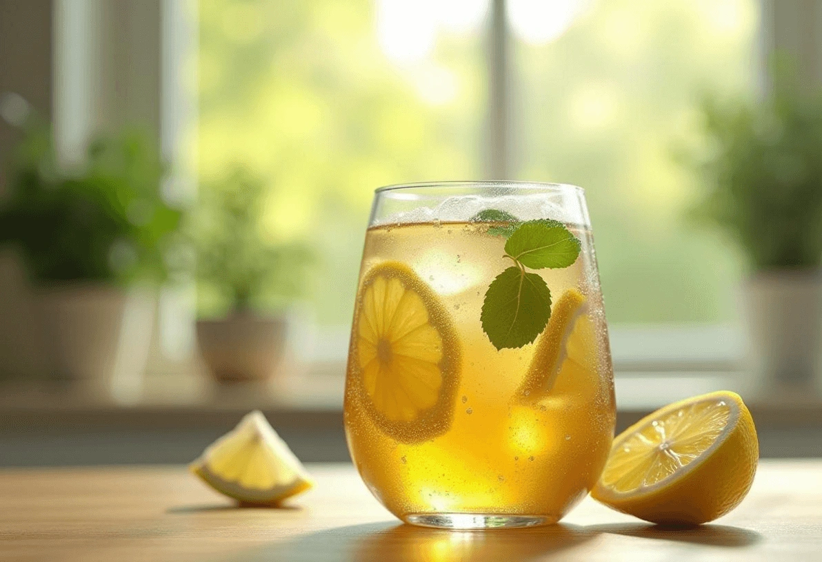 A chilled glass of cold brew green tea with ice and lemon slices, sitting on a kitchen counter.