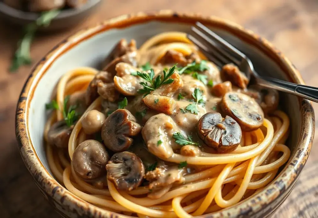 A rich and creamy vegan beef stroganoff served with gluten-free pasta and mushrooms.