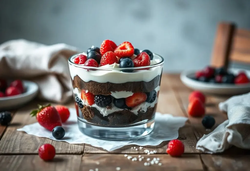 Vegan brownie trifle layered with coconut cream and berries.