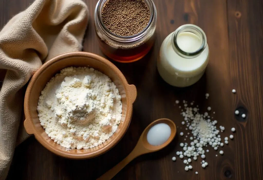 Top-down view of almond flour, chia seeds, maple syrup, and coconut milk.