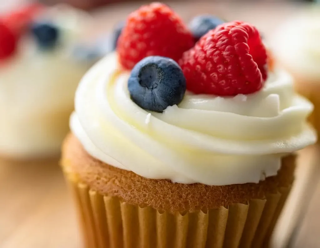 Close-up of a vegan gluten-free cupcake with coconut whipped cream.