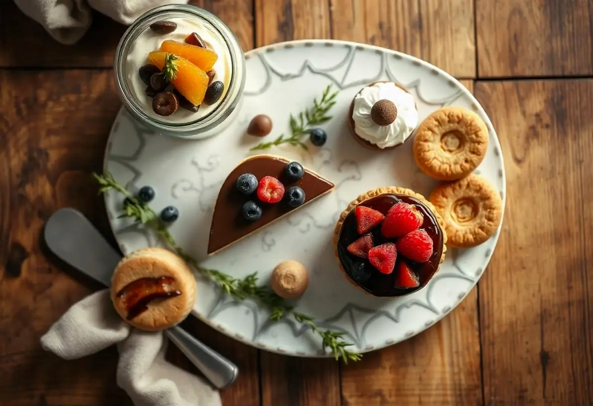 A beautifully arranged platter of assorted vegan gluten-free desserts, including chocolate mousse, cheesecake, and cookies.