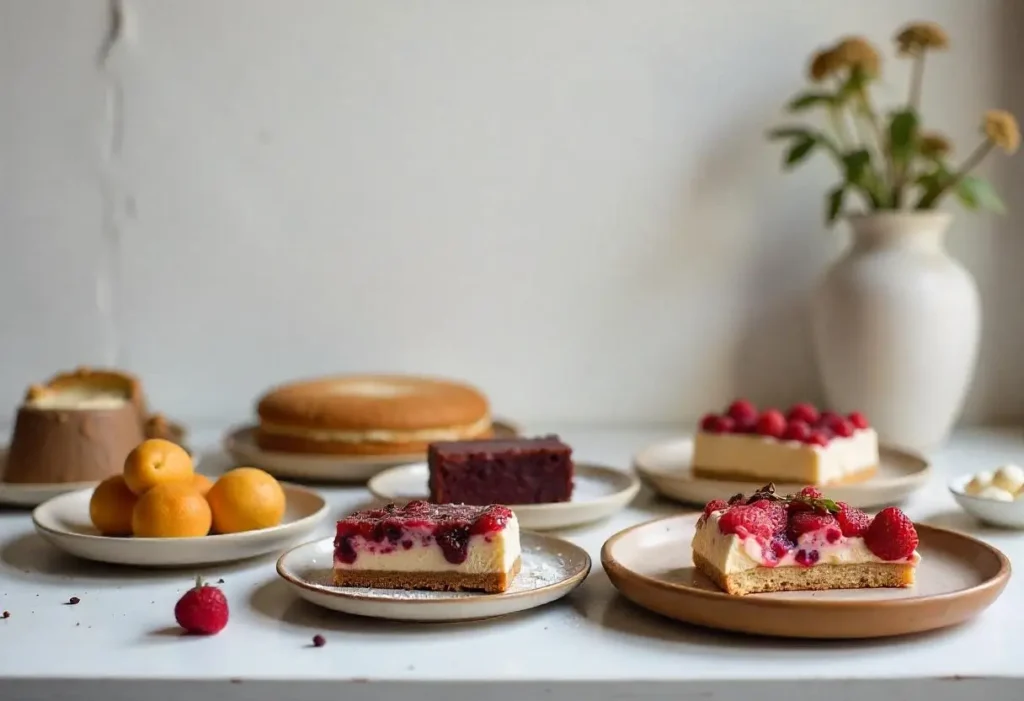 A stunning display of vegan gluten-free desserts on a rustic table, with natural lighting.