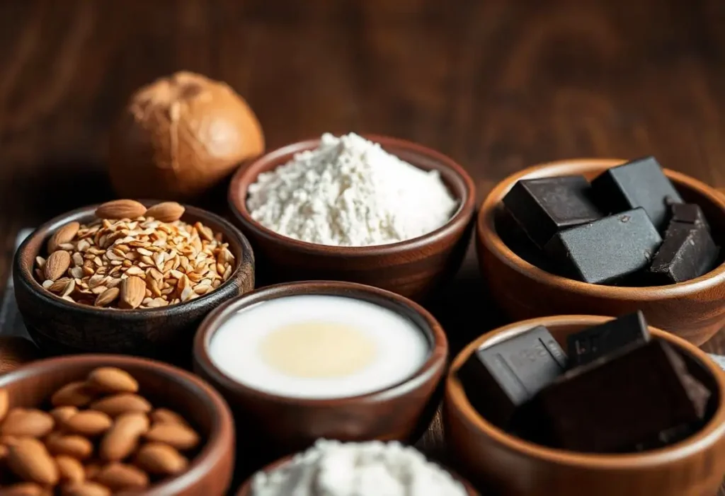 A close-up of essential ingredients for vegan gluten-free desserts, including almond flour, flaxseeds, and coconut milk.