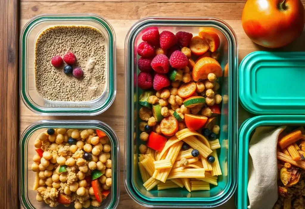 A well-balanced gluten-free vegan meal prep featuring chia pudding, quinoa salad, and lentil pasta.